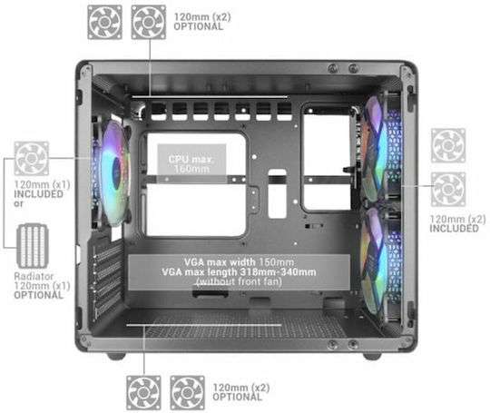Mars Gaming MC-400 Gaming Mini Tower Computer Case with Side Window and RGB Lighting White