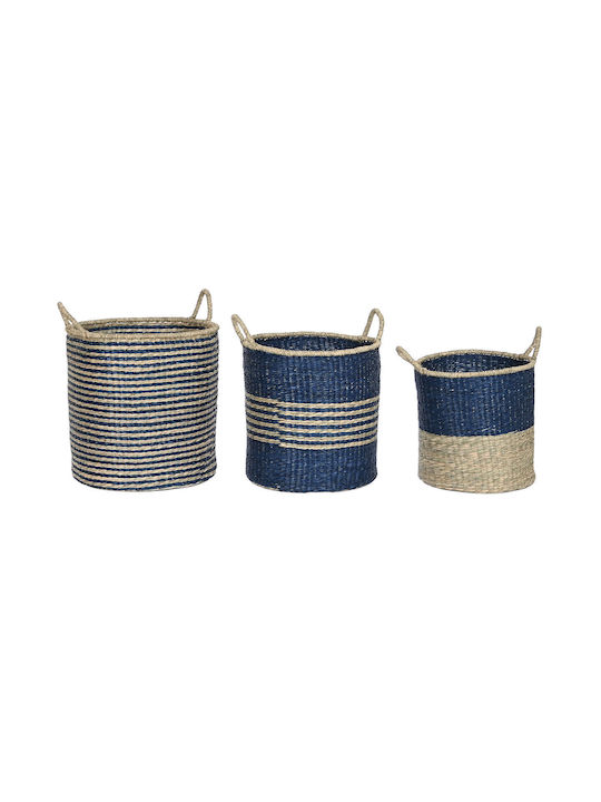 Set of Decorative Baskets Straw with Handles Blue 43x43x54cm 3pcs Home Esprit