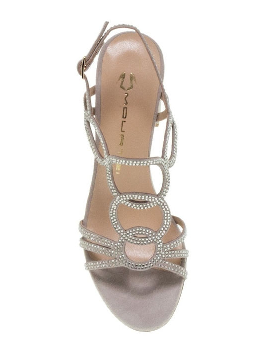 Mourtzi Suede Women's Sandals with Strass Pink with Chunky Medium Heel