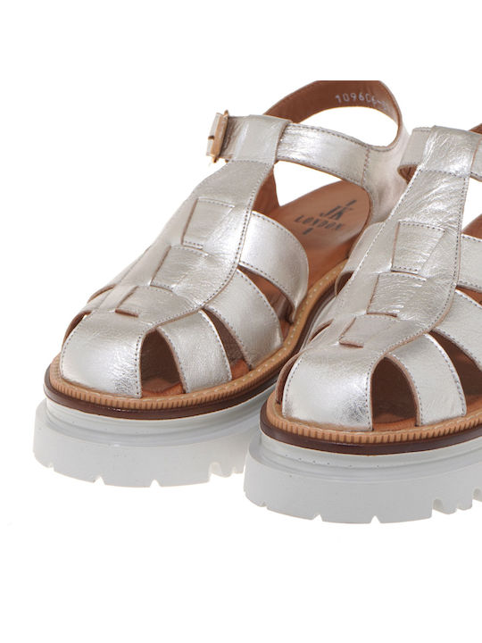 Leather Women's Flat Sandals in Gold Color