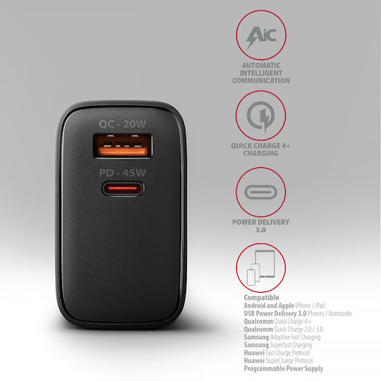 Axagon Зарядно без кабел GaN с USB-A порт и USB-C порт 45W Power Delivery / Quick Charge 3.0 / Quick Charge 4.0 Черен (ΑCU-ΡQ45)