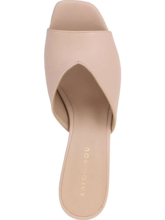 Leather Mules with Chunky High Heel Carne