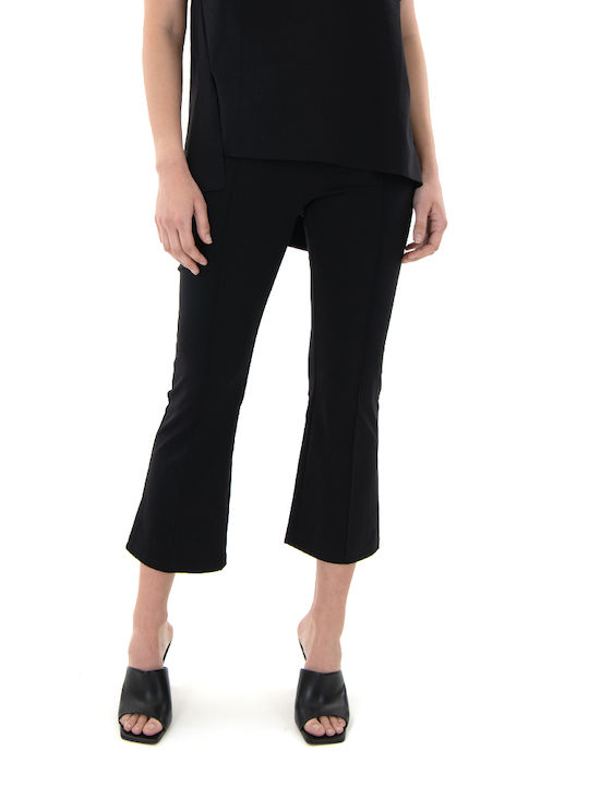 MY T Women's High-waisted Cotton Capri Trousers in Slim Fit Black