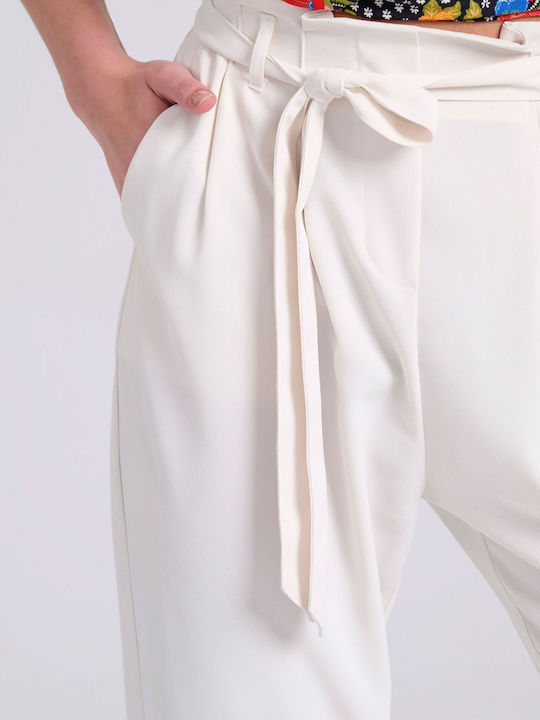 Dama Tesatura Pantaloni cu Elastic cu Croială Normală Alb