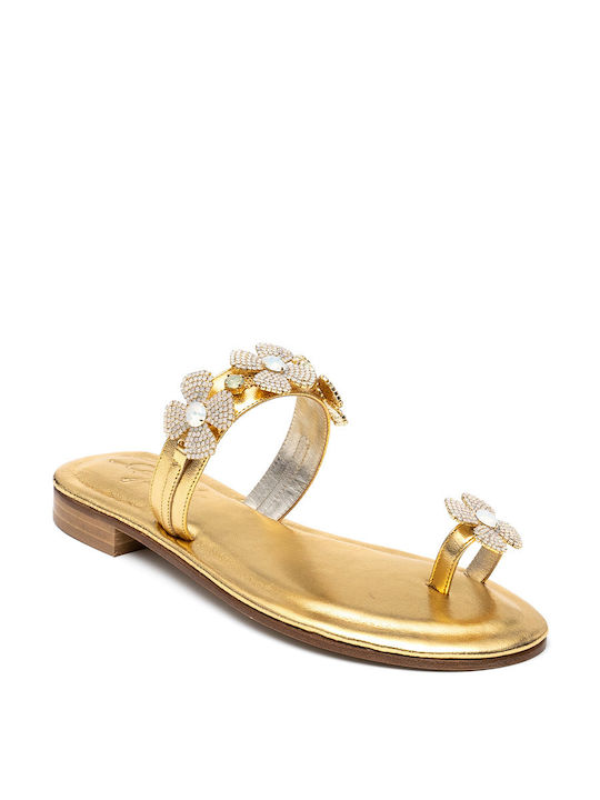 Capri Leder Damen Flache Sandalen in Gold Farbe