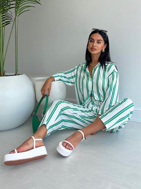 Women's White Set with High-waisted Pants with Elastic in Loose Fit Striped