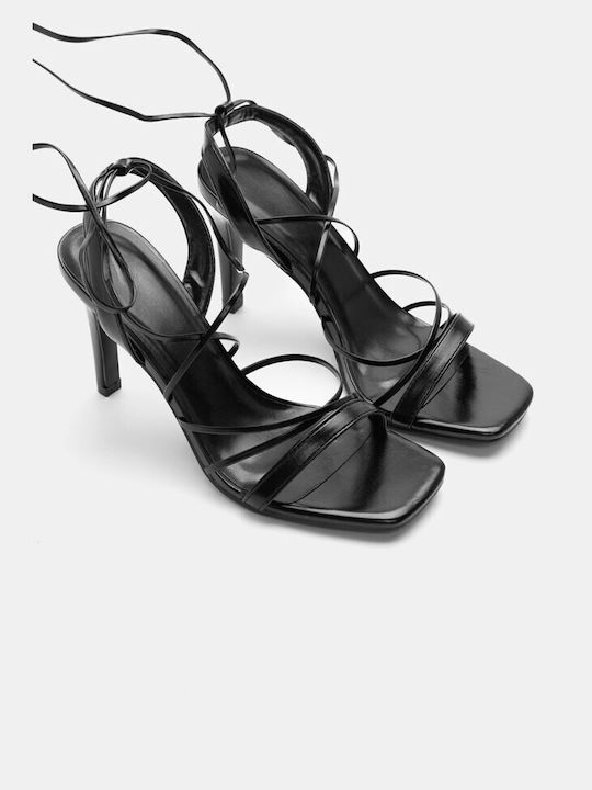 Luigi Synthetic Leather Women's Sandals with Laces Black with High Heel