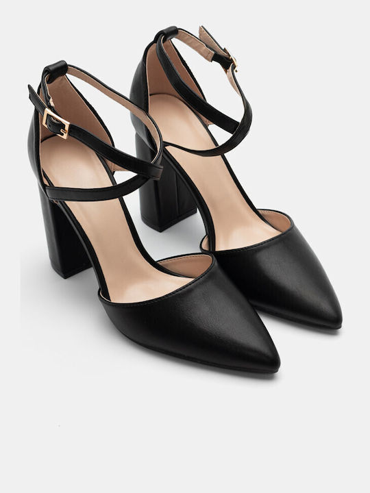 Luigi Synthetic Leather Pointed Toe Black High Heels with Strap