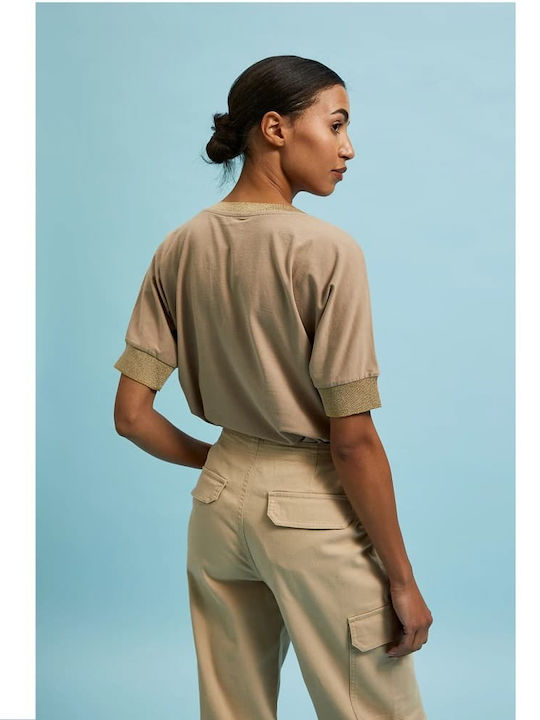 Moodo Women's Summer Blouse Cotton Short Sleeve with V Neck Polka Dot Brown