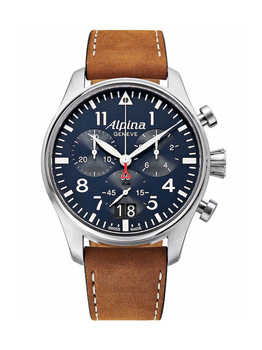 Alpina Watch Chronograph Battery with Brown Leather Strap