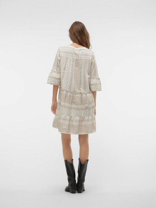 Vero Moda Sommer Mini Kleid mit Rüschen Beige Ecru