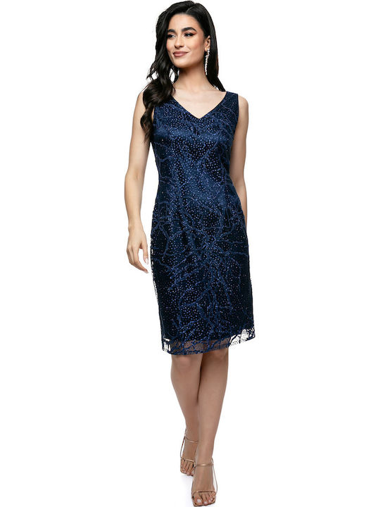Midi Evening Dress with Mesh Blue