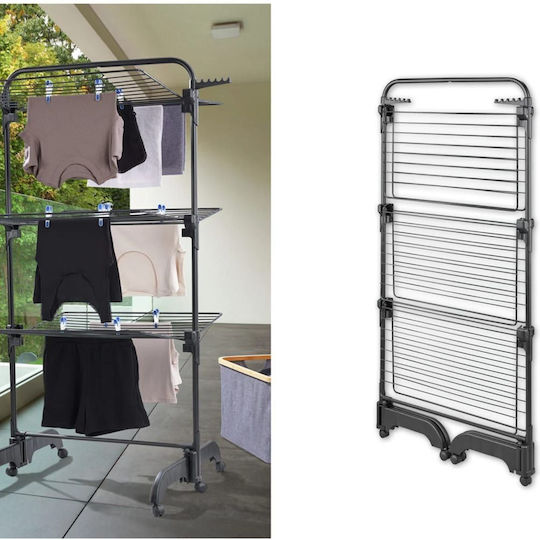 vidaXL Folding Floor Metallic Clothes Drying Rack with Wheels with Hanging Length 42m