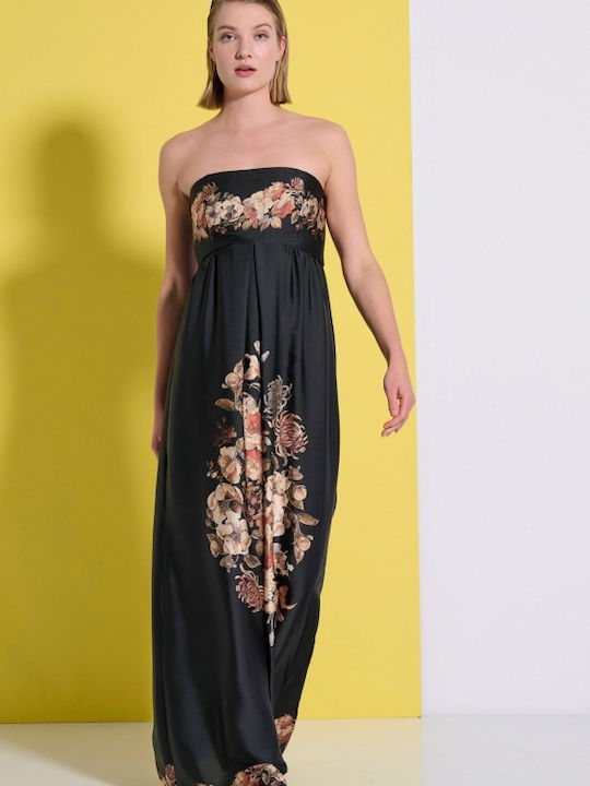 Matis Fashion Maxi Evening Dress Strapless Satin with Slit Black