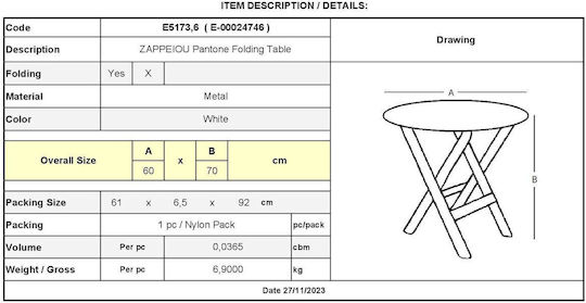Masă Cafea Pantone Pliabilă 60x60x70