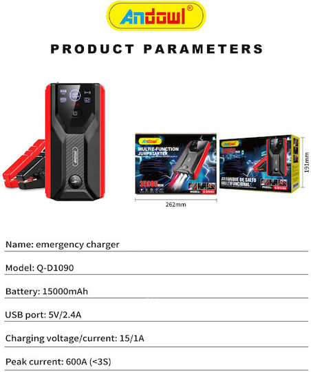 Andowl Qd1090 Portable Car Battery Jump Starter 15000mAh with Power Bank / USB / Φακό 12V