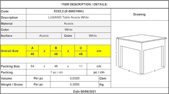Auxiliary Garden & Terrace Table from Acacia Lugano White 45x45x45cm E222,2