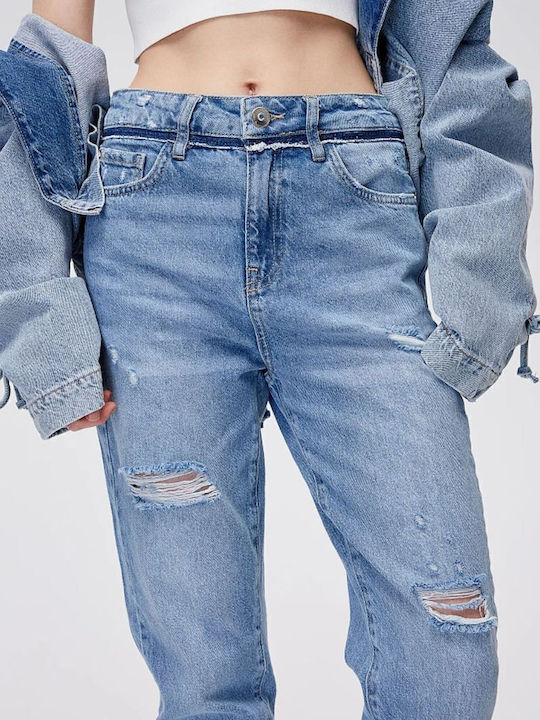 Hoch tailliert Damenjeans mit Rissen in Mom-Passform