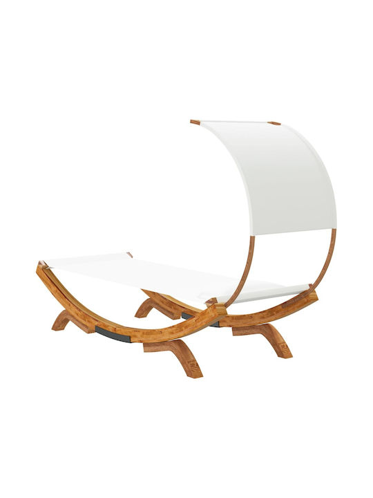 Șezlong-Pat Single Lemn cu Țesătură Textilene și Parasolar Ecru 200x100x162cm
