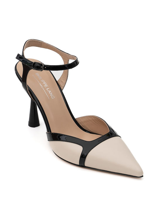 Philippe Lang Leather Pointed Toe Beige Heels with Strap