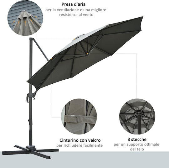 Hanging Circular Aluminum Garden Umbrella Grey Diameter 2.95m x Height 2.5m