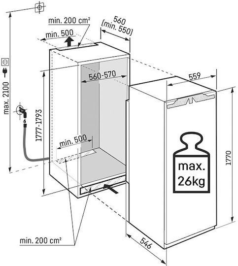 Liebherr Eingebauter Kühlschrank für Lagerung 296Es H178.8xB57xT55cm. Weiß Links Peak BioFresh Links