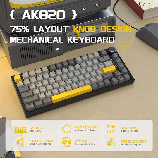 Ajazz AK820 Gaming Μηχανικό Πληκτρολόγιο 75% με RGB φωτισμό (Αγγλικό US)