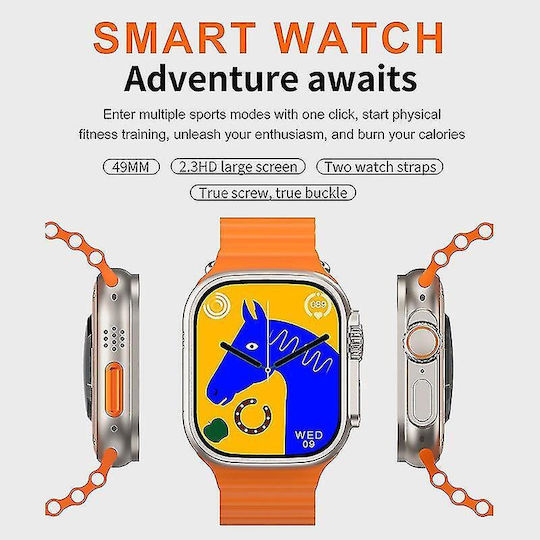 Qian I20 Ultra Max 2.3' 49mm + Bluetooth HandsFree Gift + Protective Glass Wireless Charging Waterproof 10 +1 Men's Women's Set Silver