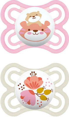 Mam Orthodontic Pacifiers Silicone Perfect Tiger - Flowers Pink - White with Case for 2-6 months 2pcs