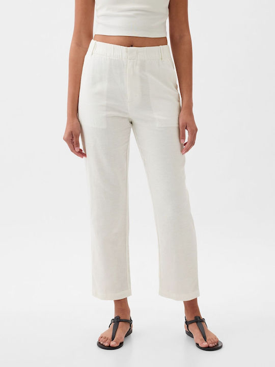 Women's High-waisted Linen Trousers with Elastic White