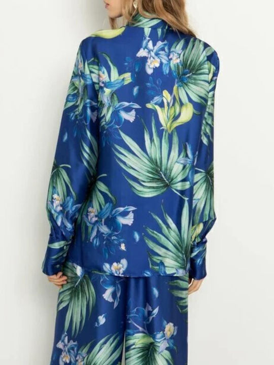 Mânecă lungă Femei Satin Cămașă Albastru Floral
