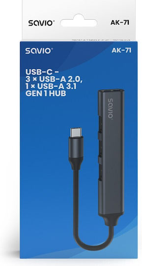 Savio Hub 4 Θυρών USB 2.0 με σύνδεση USB-C Γκρι