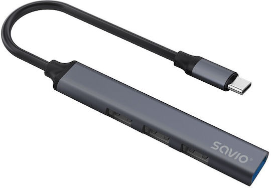 Savio USB Хъб 4 Порта USB 3.1 с USB-C Връзка Сив