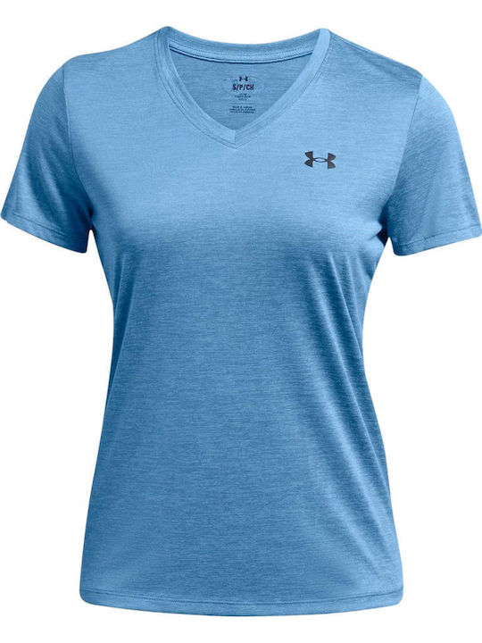 Women's Athletic Blouse Short Sleeve Fast Drying with V Neckline Light Blue