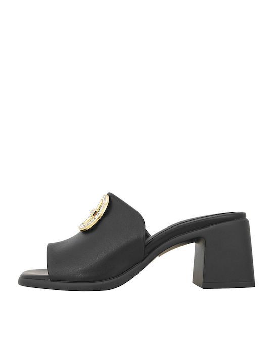 Merrion Δερμάτινα Mules με Χοντρό Τακούνι σε Μαύρο Χρώμα