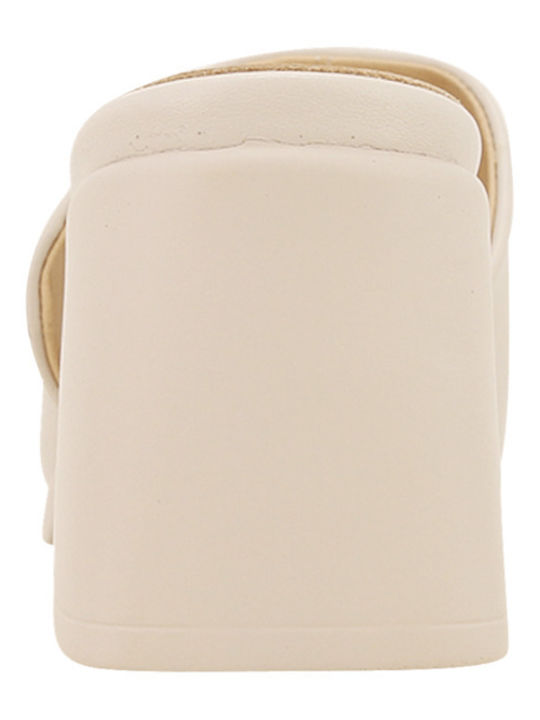 Merrion Leather Mules with Chunky Heel in Ecru Color
