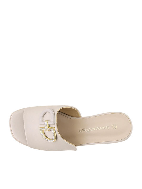 Merrion Leather Mules with Chunky Heel in Ecru Color