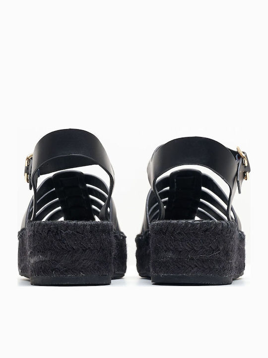Δερμάτινα Γυναικεία Σανδάλια Flatforms Μαύρα