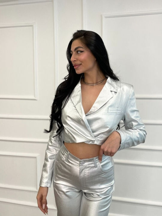 Voice Scurt Blazer pentru femei Încrucișat Sacou Metallic Silver