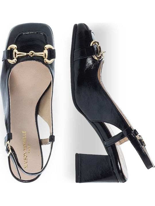 Leather Pointed Toe Black Heels with Strap