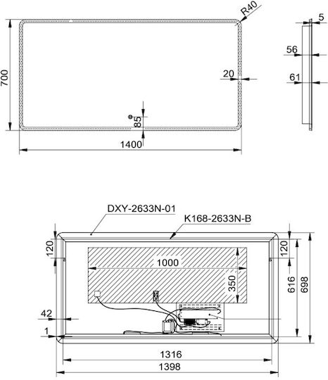 Luminor Music Rechteckiger Badezimmerspiegel Led mit Bluetooth 140x70cm