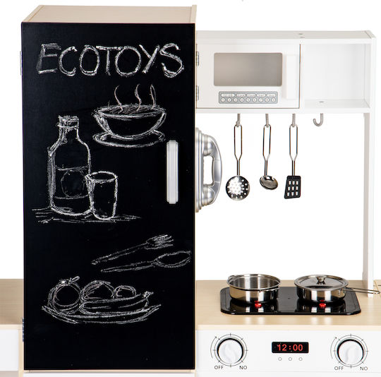Ecotoys Ξύλινη Κουζίνα XXXL Με Ψυγείο,Πλυντήριο Πιάτων,Led & Μεταλλικά Αξεσουάρ από Ξύλο για 3+ Ετών
