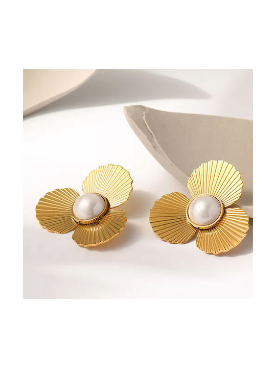 Women's Pearl Flower Earrings Gold Plated Steel 316l Bode 02743