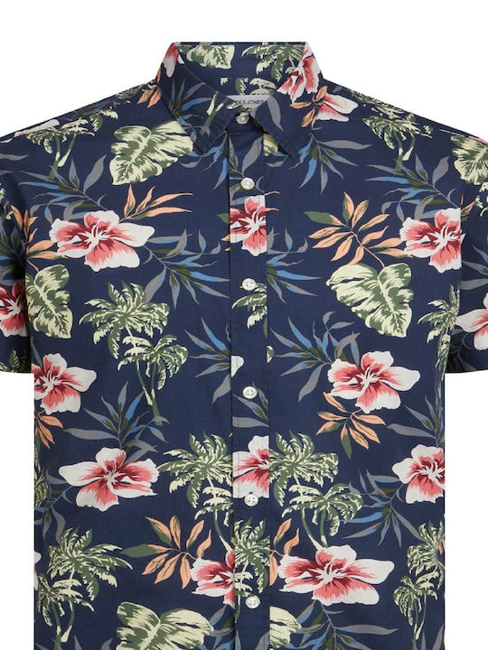 Short-sleeved Cotton Shirt Floral Dark Navy