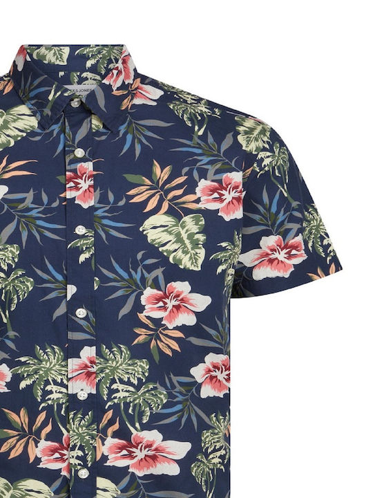 Short-sleeved Cotton Shirt Floral Dark Navy