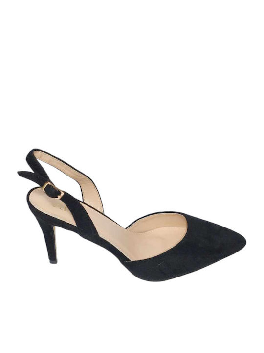 Suede Γόβες με Λουράκι & Μεσαίο Τακούνι Μαύρες