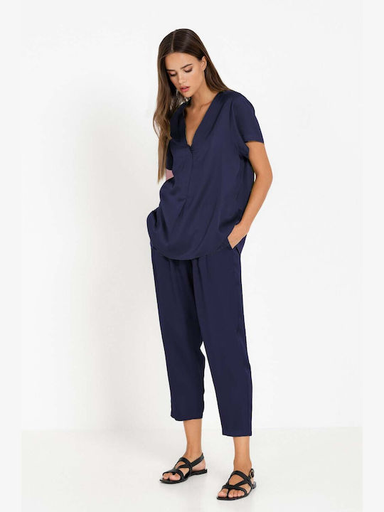 Philosophy Wear Kurzärmelig Damen Satin Hemd Navy Blue