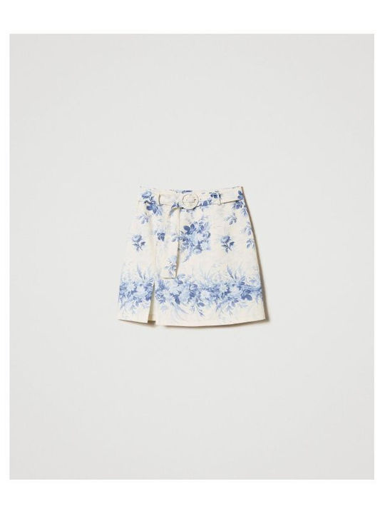 Twinset Linen High Waist Mini Skirt Floral in Blue color