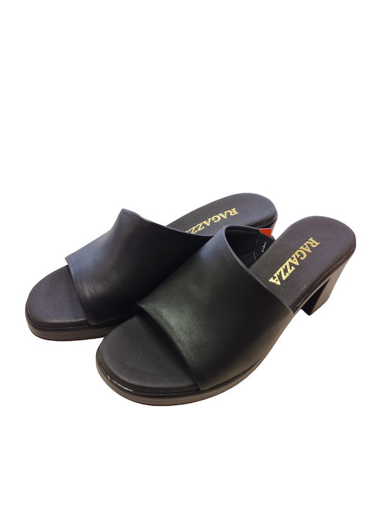 Leather Mules with Chunky Low Heel in Black Color