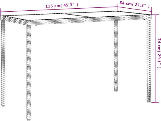 Masa pentru spații exterioare Rattan cu suprafață din sticlă CAFE 115x54x74buc